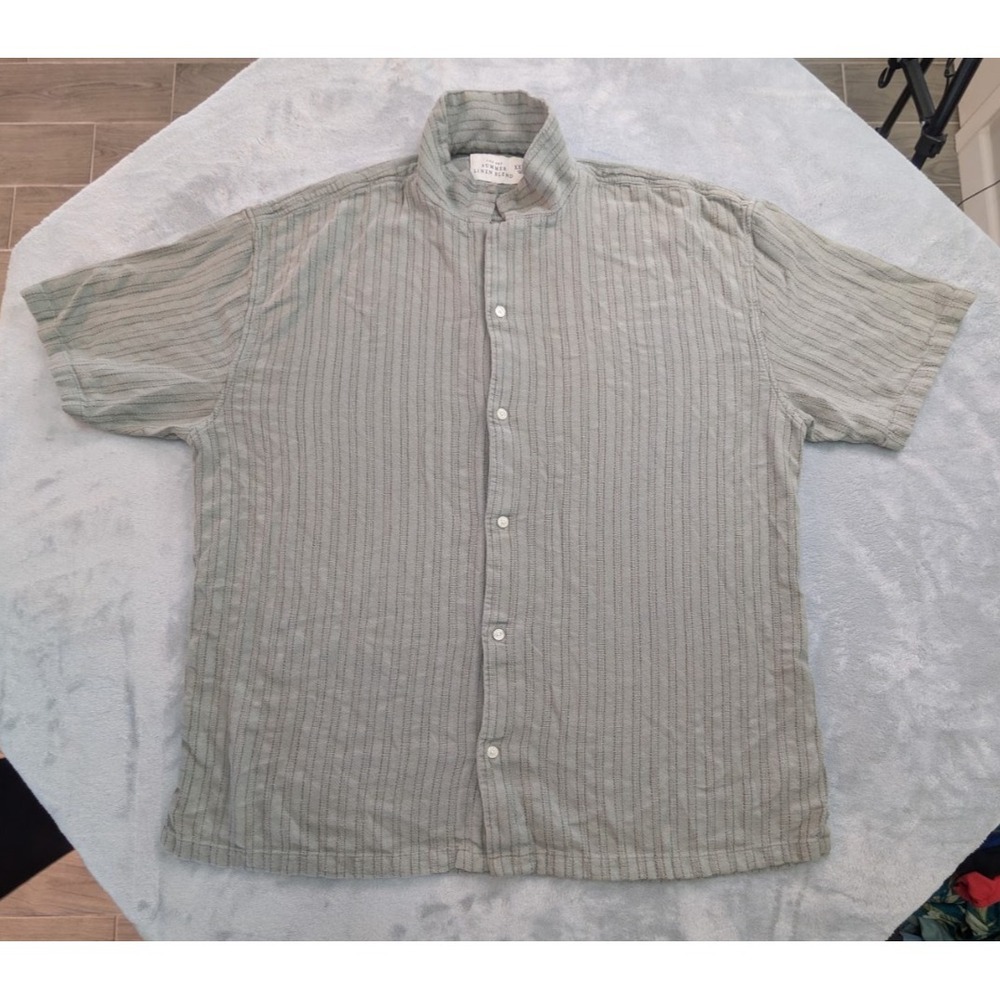 Abercrombie & Fitch Mens XXL Linen Blend Textured Stripe Camp Shirt Olive Green